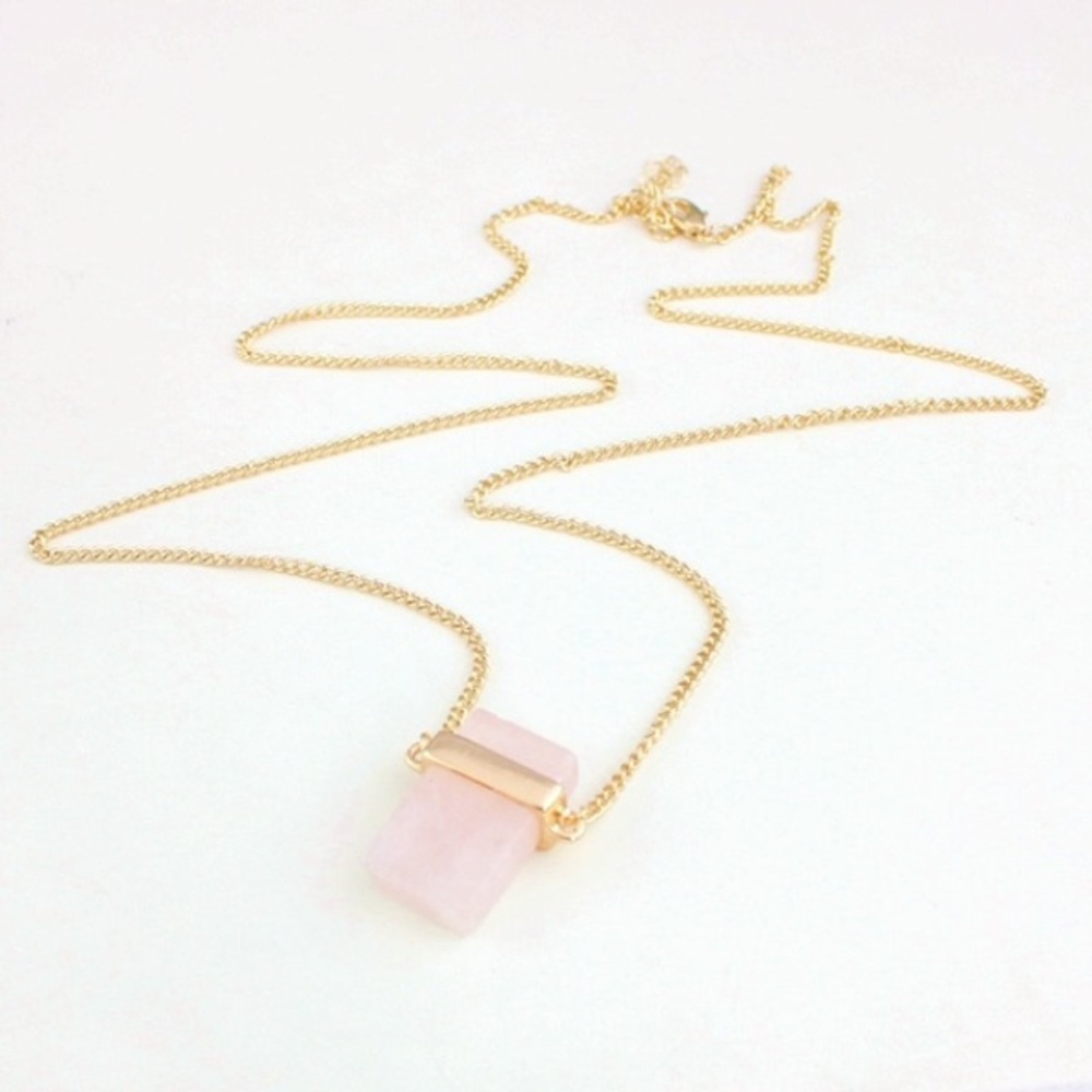 Rose Quartz Stone Gold Tone Pendant Long Necklace - Picture 2 of 3